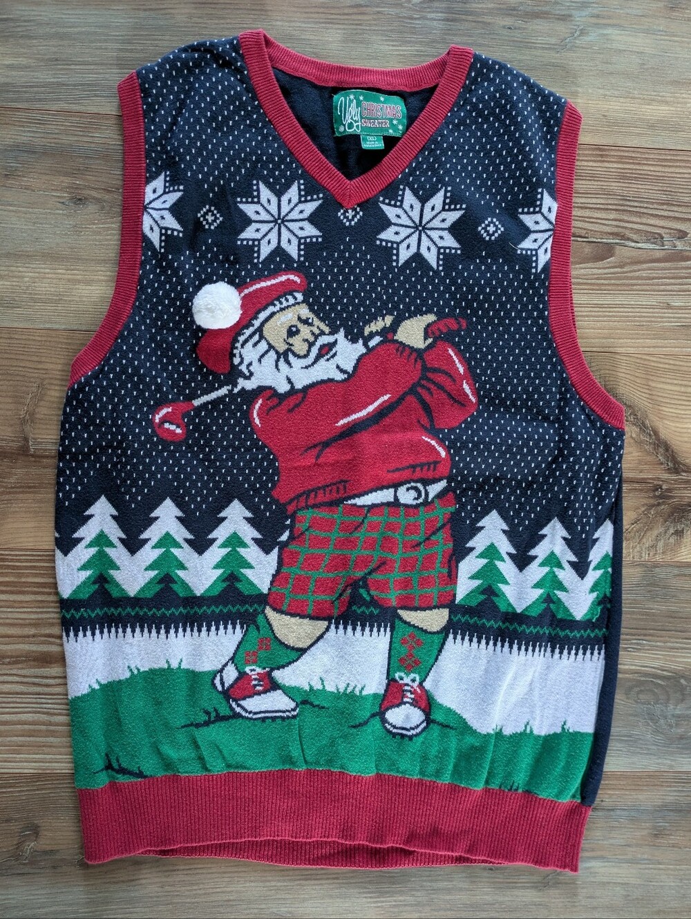 Ugly Christmas Sweater Vest V Neck Golf Golfing Santa Clause Blue Red Green XL
